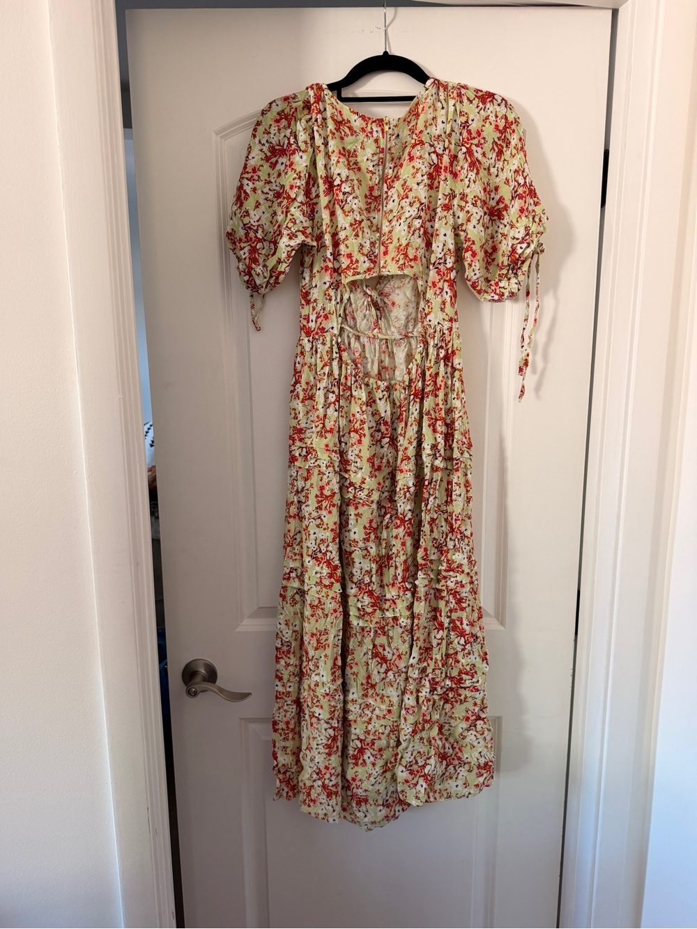 V-Neck Floral Maxi Dress in Cream with Red Print - Picture 3 of 4